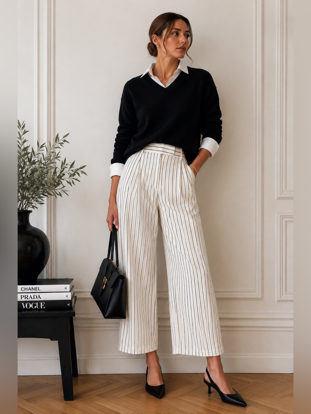 ZARA High Rise Black & White Pinstripe Wide Leg Trousers Sz S